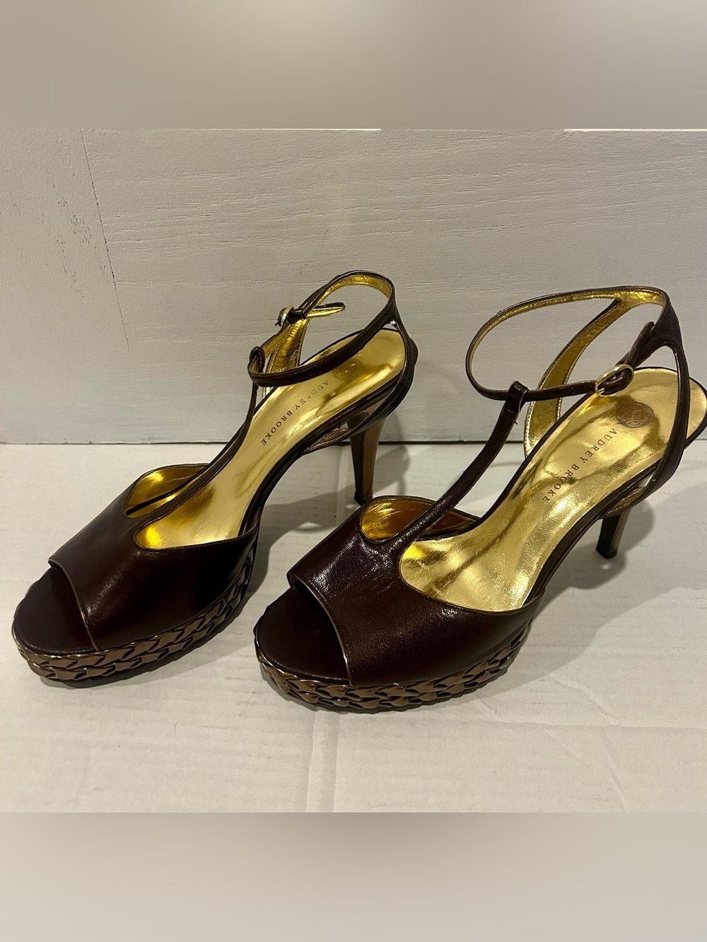 Audrey Brooke Brown T-Strap Peep Toe Platform Heels